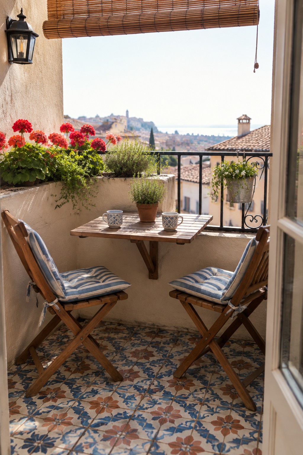 A small balcony with a wooden fold-down table, two folding chairs with blue striped cushions, potted plants, and a view of a coastal town.