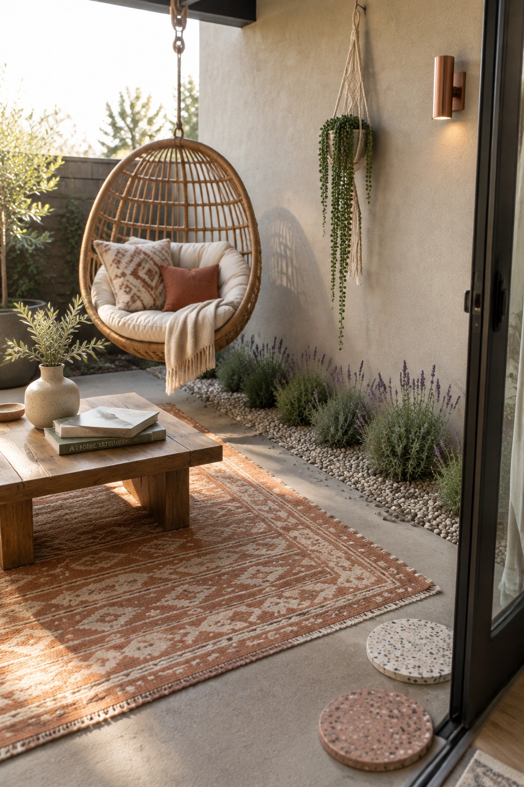 A woven hanging chair with cushions and a throw blanket sits above a patterned rug on a concrete patio, next to a low wooden table and a narrow bed of lavender and pebbles along a stucco wall.