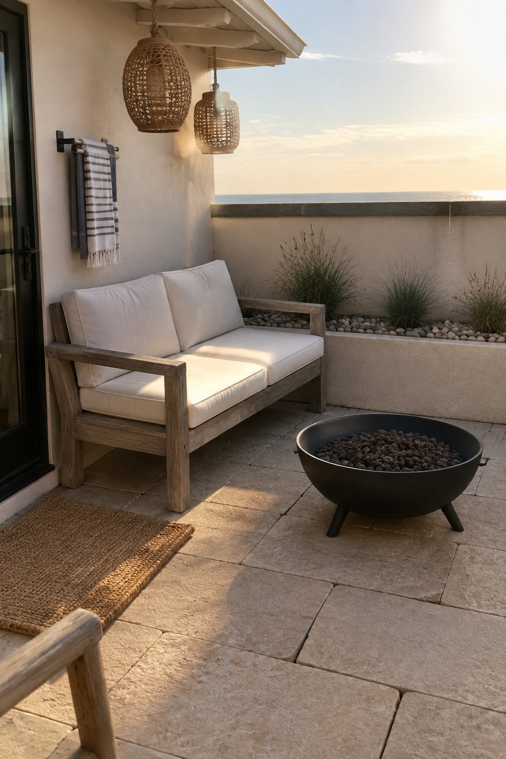 Wooden sofa with white cushions on stone patio beside black fire pit overlooking ocean at sunset