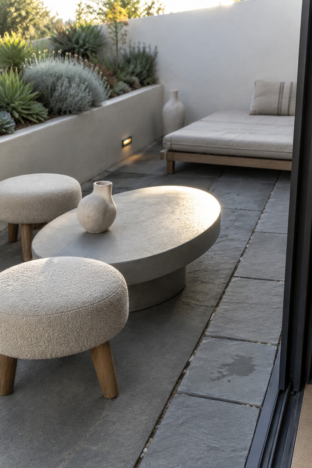 Modern patio with oval concrete table, boucle ottomans, lounge chair and plants