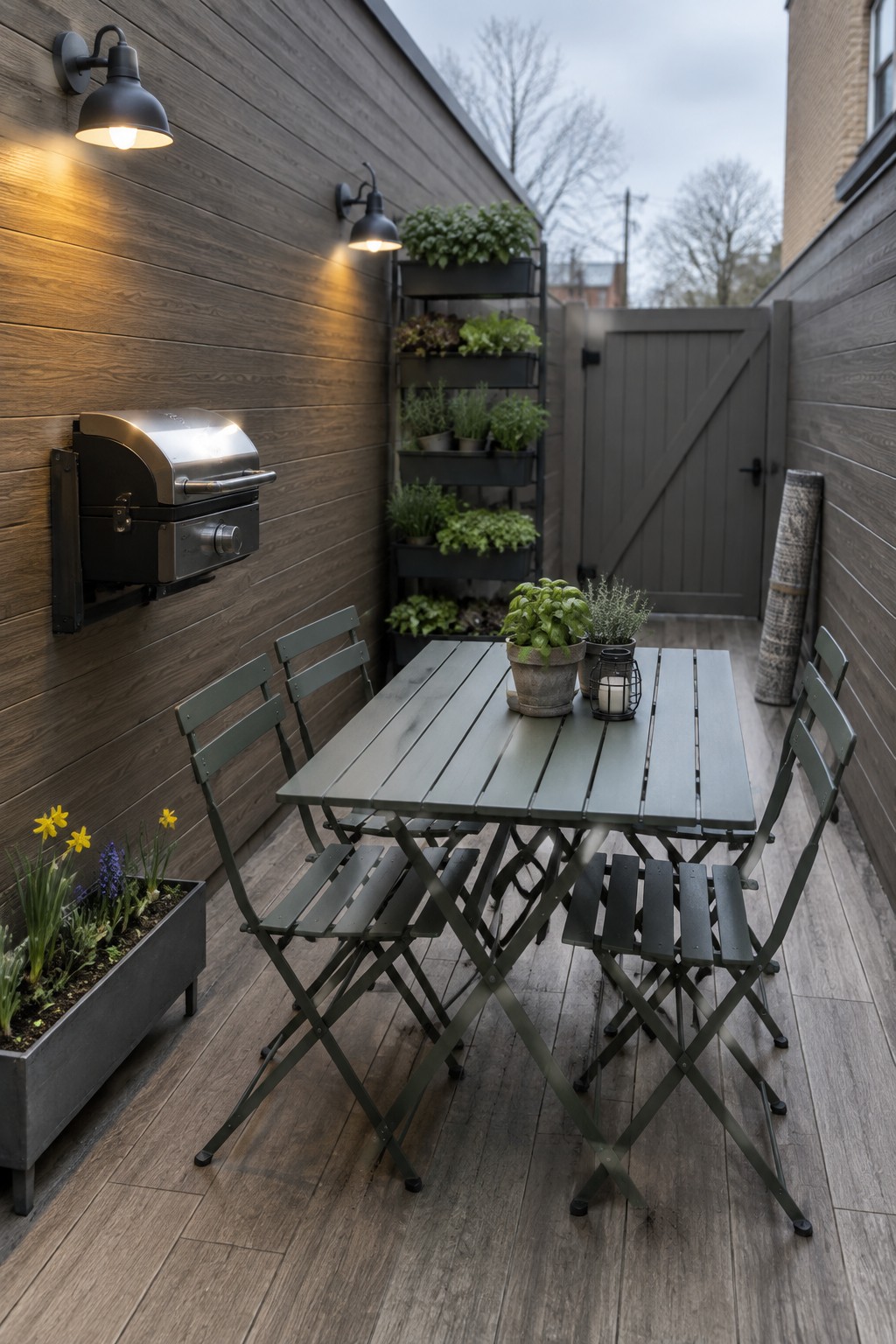 A narrow outdoor patio with a green metal folding table and chairs, a wall-mounted grill on dark wood siding, vertical herb planters, and a gray gate in the background.