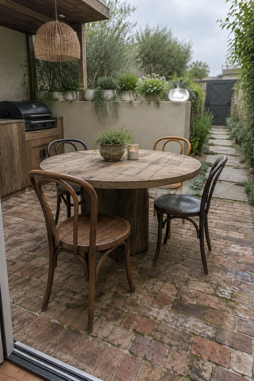 A round wooden table with mixed wooden chairs arranged on a brick patio beside a wall lined with potted plants.