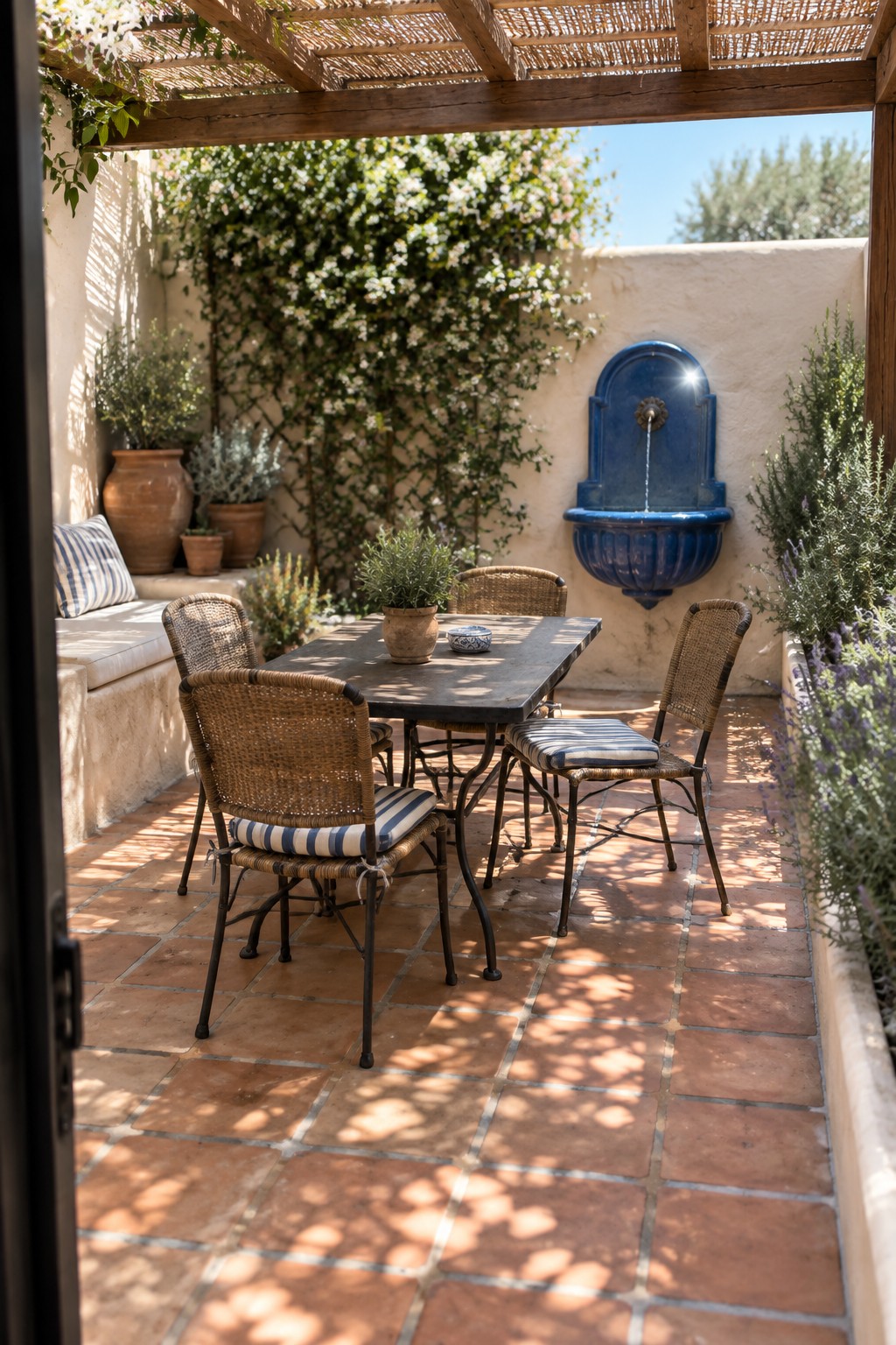 A small courtyard patio with terracotta tiles, a wooden pergola with reed roofing, a dark metal table and four woven chairs, a blue ceramic wall fountain, and potted plants along white stucco walls.