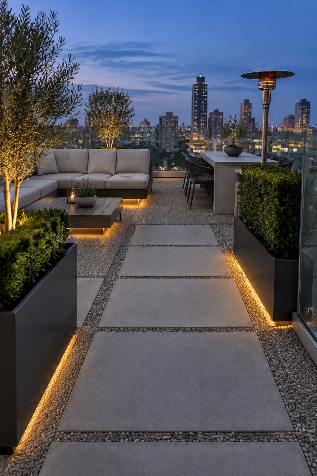Modern rooftop terrace with illuminated pathway, lounge seating, and glowing city skyline at dusk