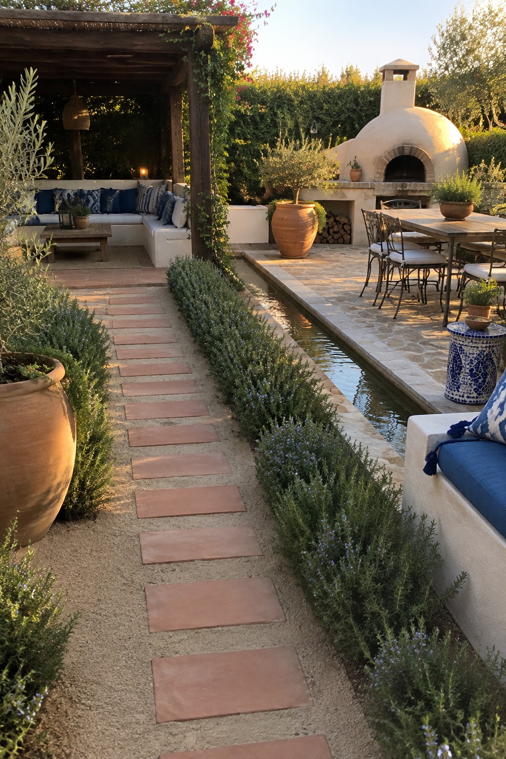 Terracotta tile path beside narrow water channel, blue flowers, pots, dining area and pizza oven.