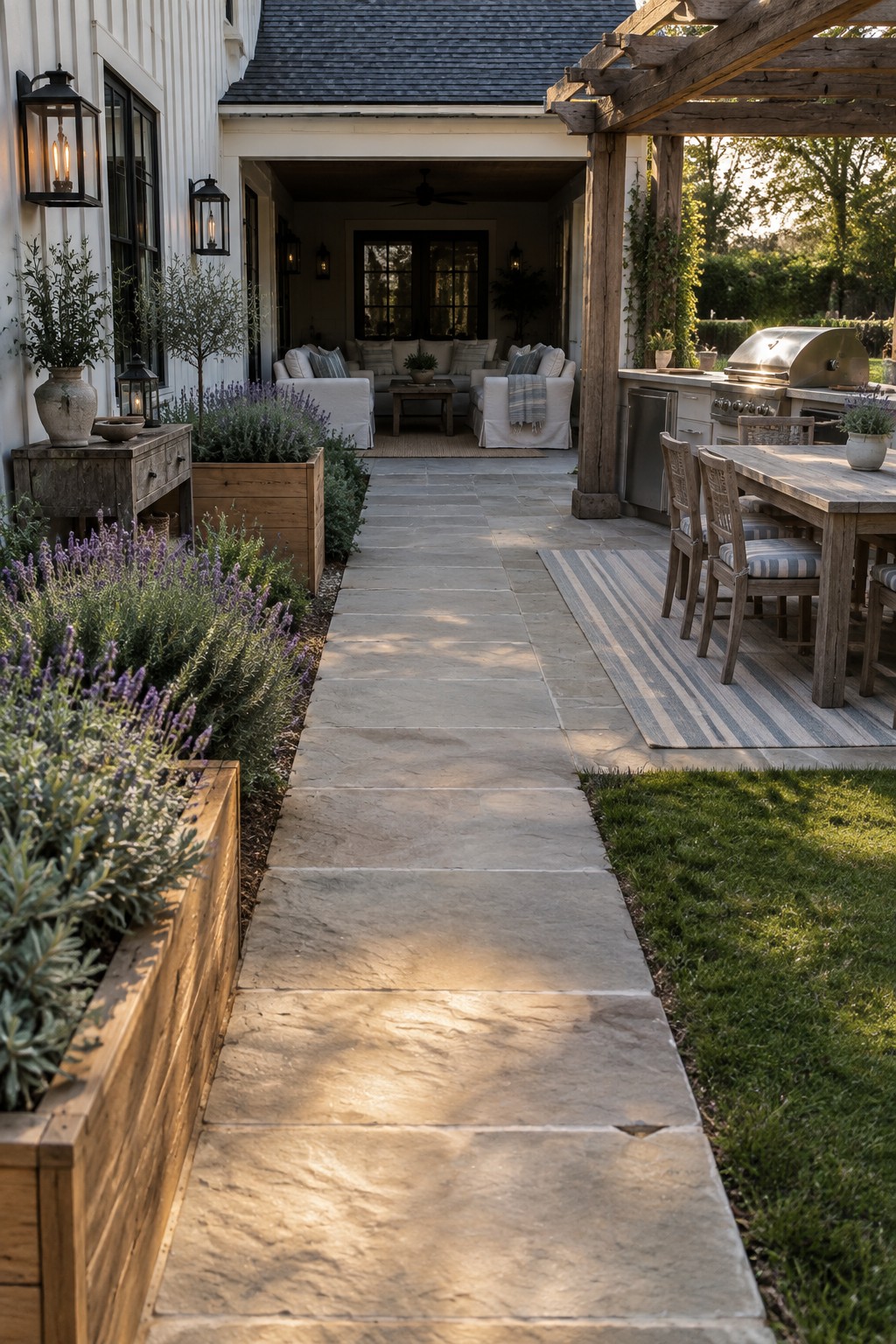 Stone path bordered by lavender planters leads to patio with grill and dining set.