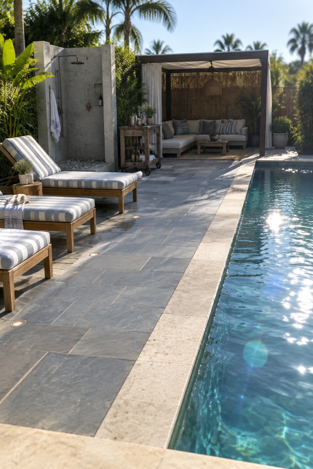 An outdoor poolside patio with two striped lounge chairs on the left, a wide gray stone walkway in the center, and a covered seating area with a sofa in the background.
