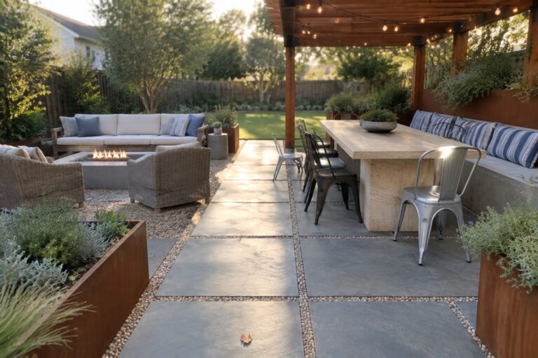 Luxurious backyard patio with stone path, pergola lights, fire pit, and dining table