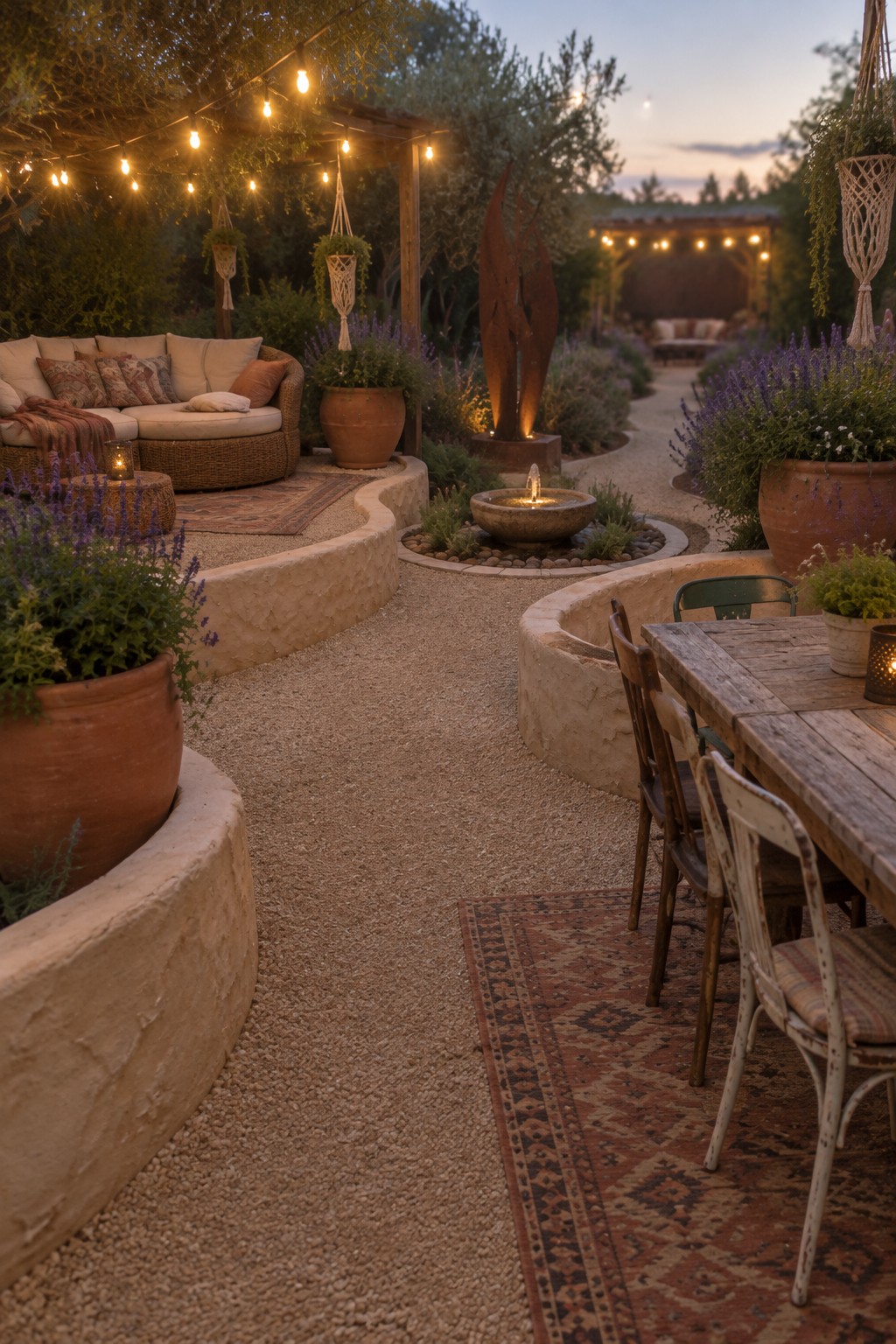A gravel walkway curves between a cushioned outdoor sofa on the left and a wooden dining table on the right, with potted lavender, a small fountain, and string lights overhead at dusk.