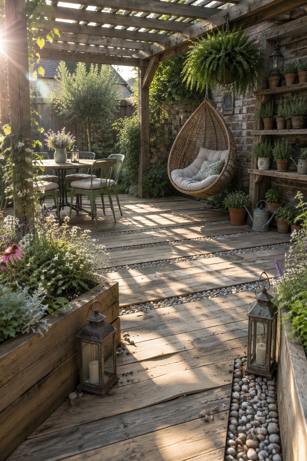 Cozy wooden patio with hanging wicker chair, dining table, plants, and lanterns in sunlight