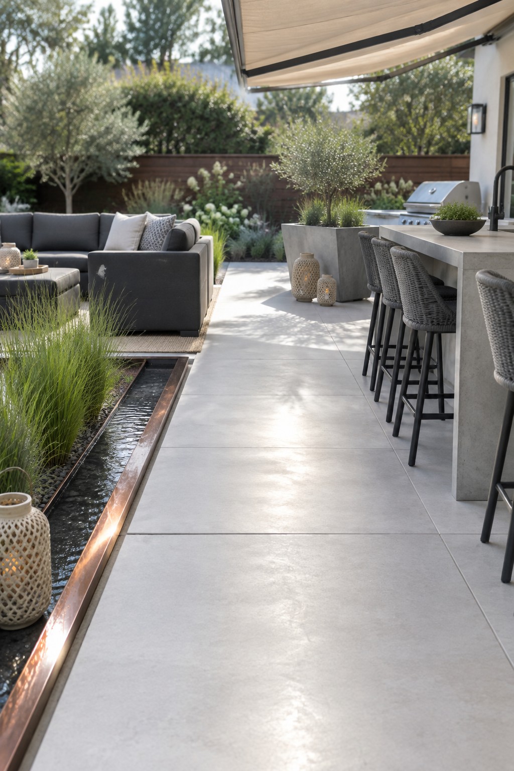 Modern patio with gray sofas, linear water feature, concrete bar and woven stools.