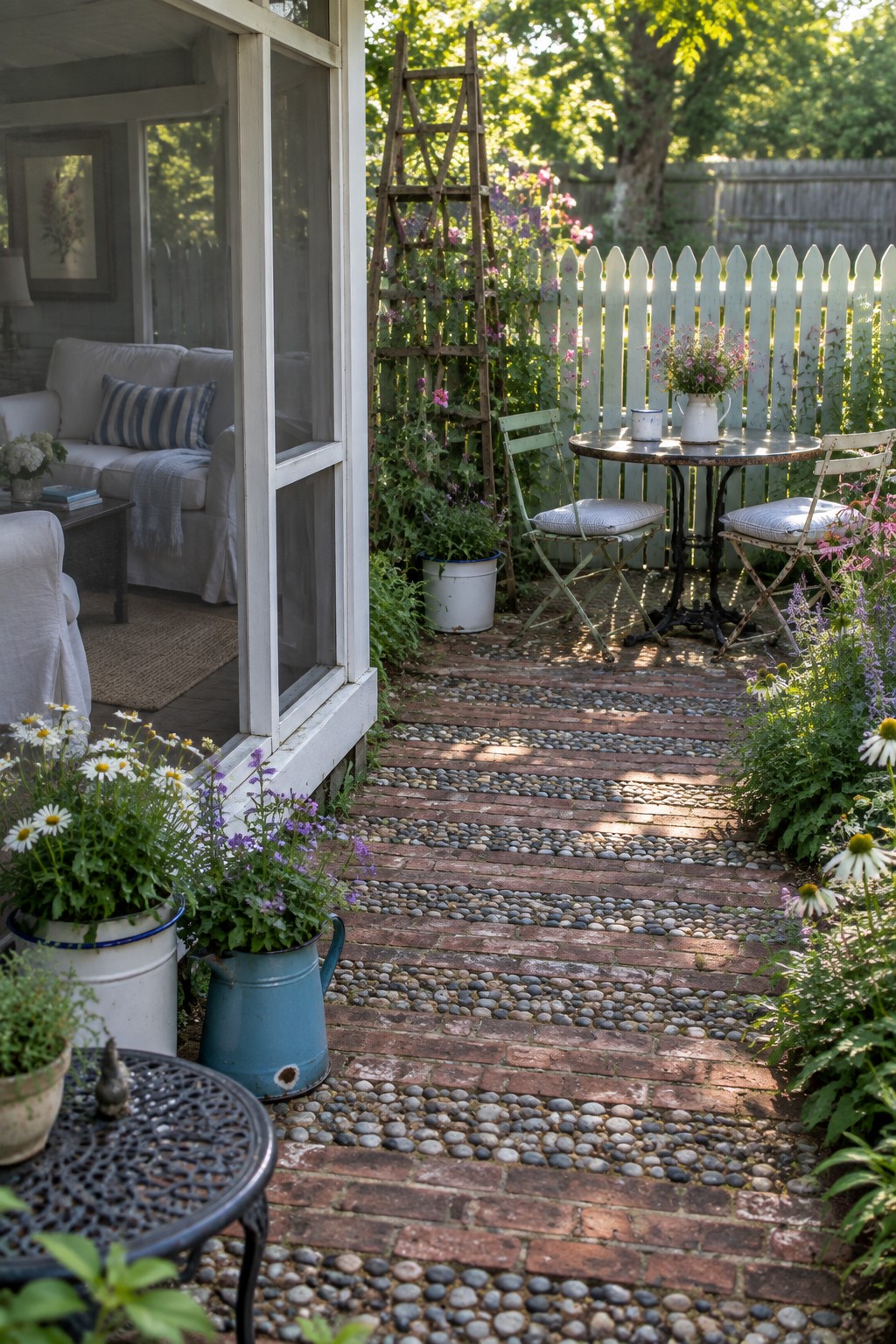 Charming garden with brick pathway, potted daisies, patio table, and white picket fence