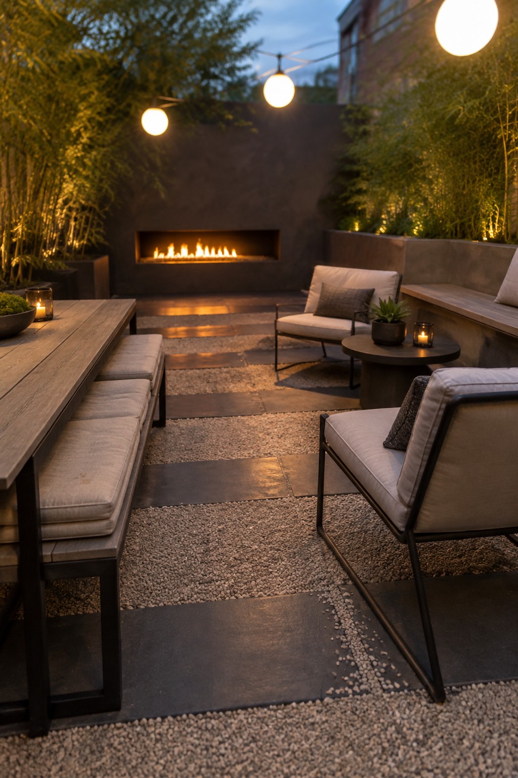 Outdoor patio with rectangular stone pavers forming a walkway through gravel between a long wooden dining table with benches and several upholstered lounge chairs arranged around a built-in fire pit.