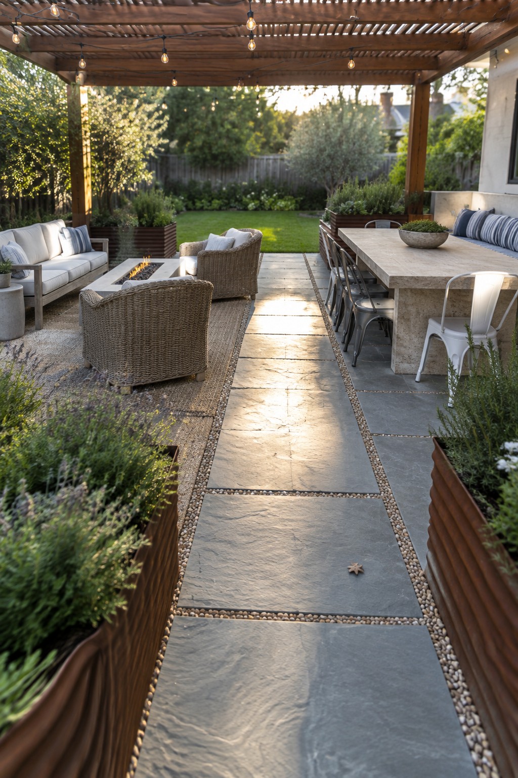 Luxurious backyard patio with stone path, pergola lights, fire pit, and dining table