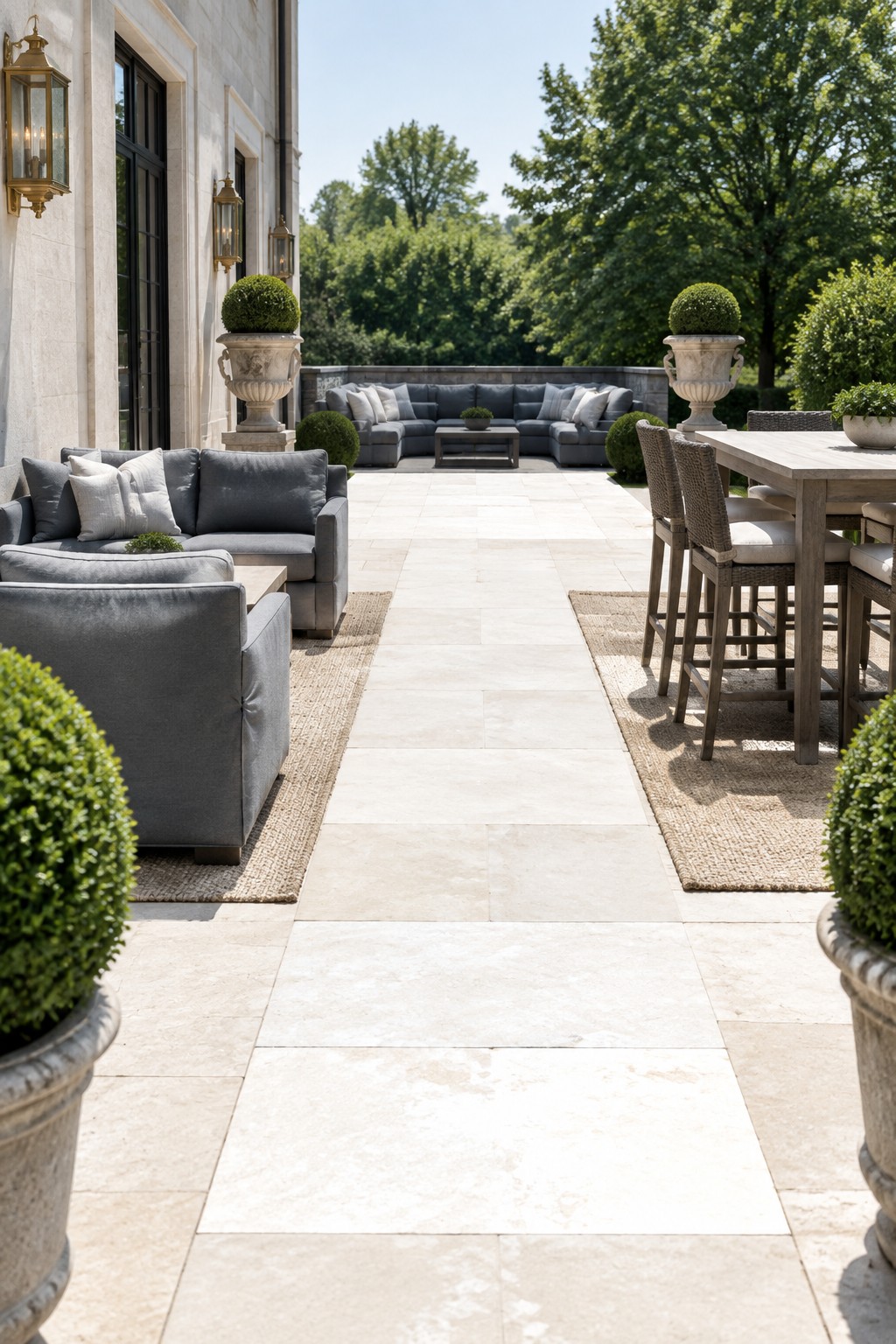 Luxurious stone patio with gray sofas, wooden dining table, and potted topiaries
