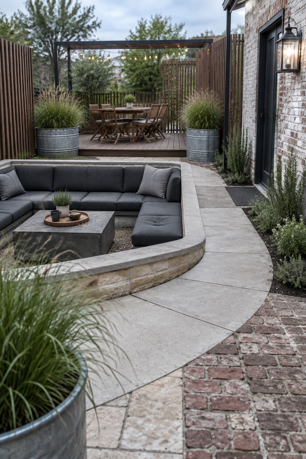 A backyard patio with a curved concrete walkway separating a large dark sectional seating area from a brick path and a wooden deck dining space in the background.