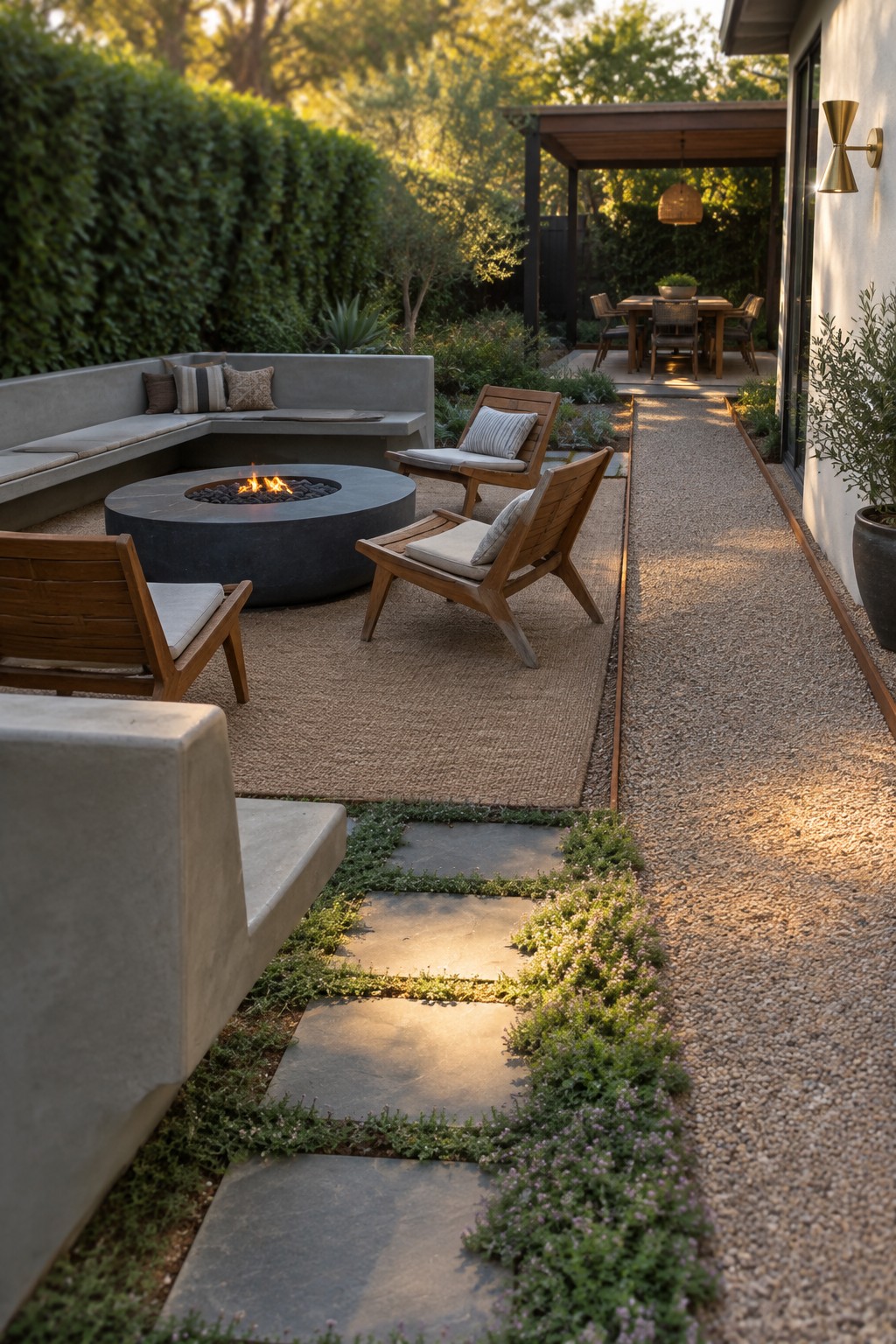 A backyard patio featuring a round fire pit with curved concrete bench seating, wooden lounge chairs on a woven rug, and a gravel walkway with stone pavers running between the seating zones toward a covered dining area.