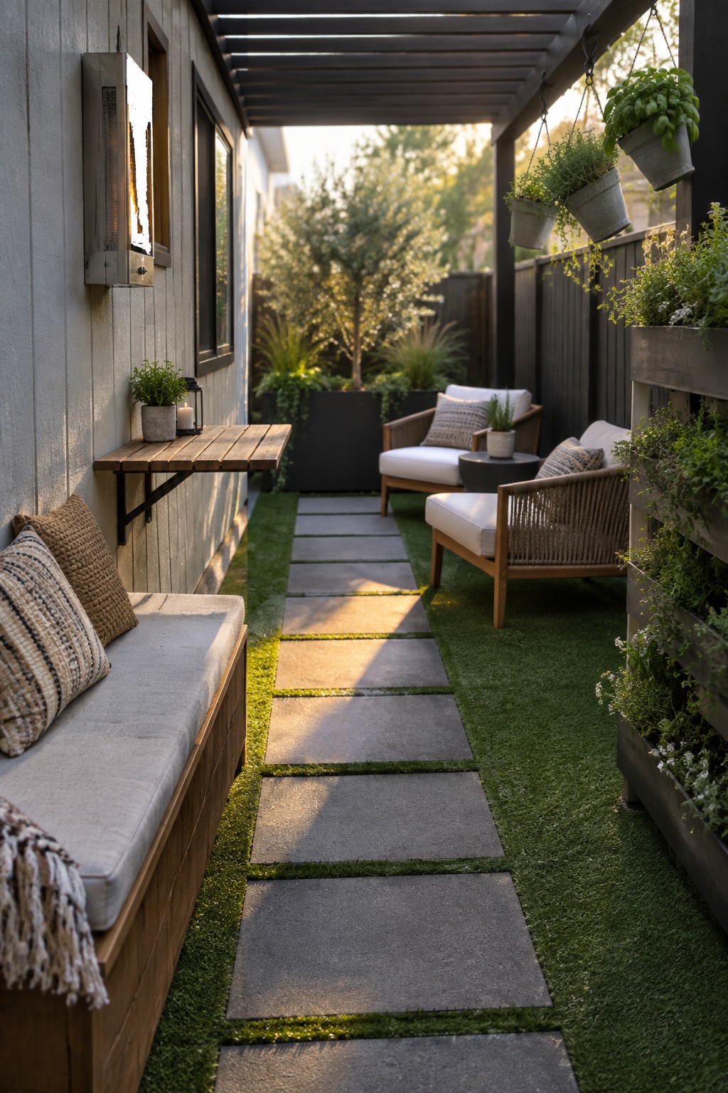 A narrow outdoor patio with a central path of rectangular gray stone pavers set into green grass, a wooden bench with cushions on the left, and woven armchairs on the right.