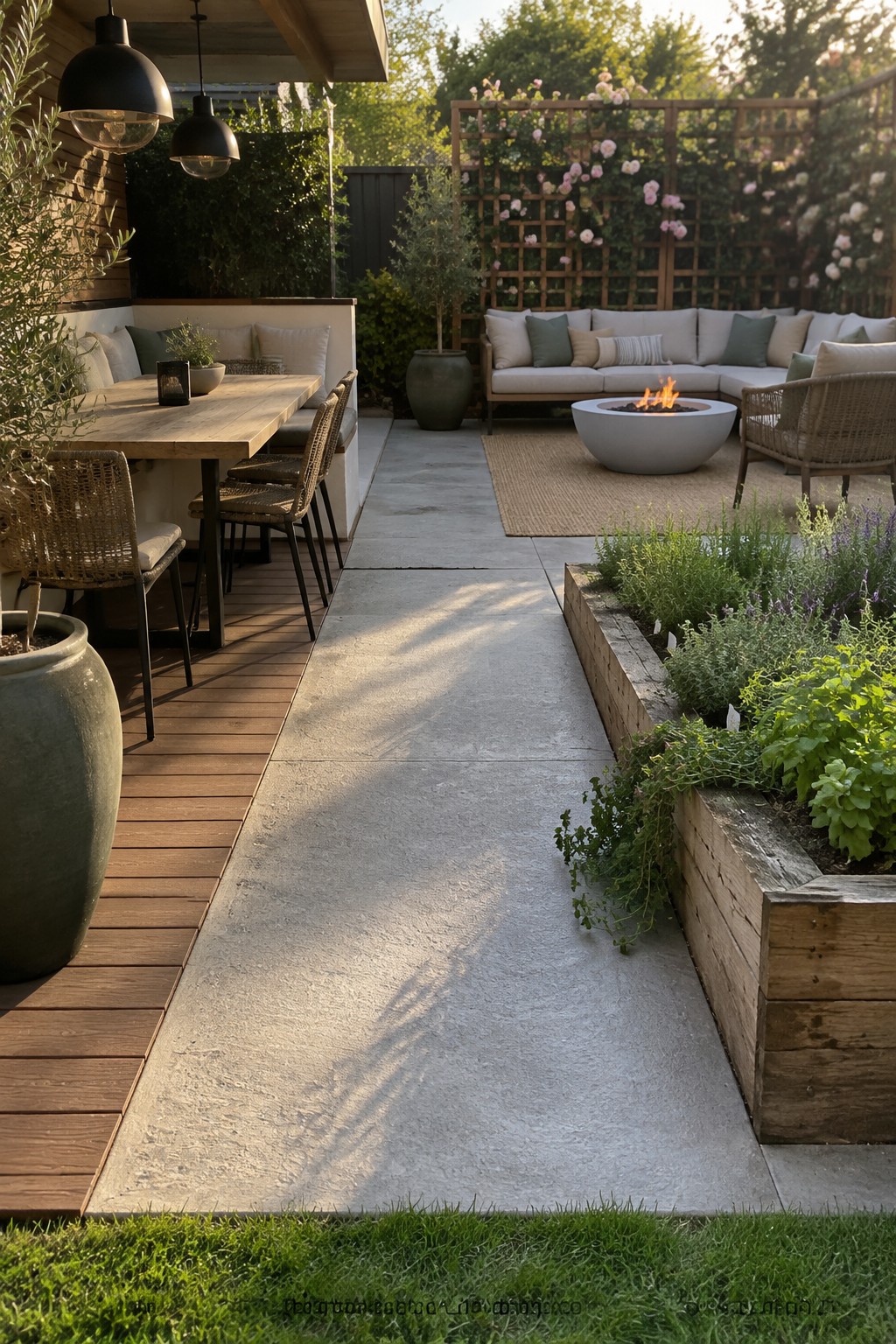 A backyard patio showing a concrete walkway running between a wooden dining area on the left and a lounge area with a fire pit on the right, bordered by raised garden beds.