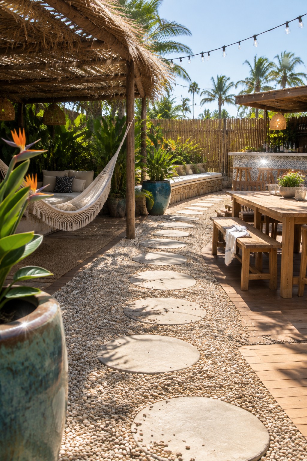 Tropical patio with thatched hammock, gravel stone path, wooden dining table and palms