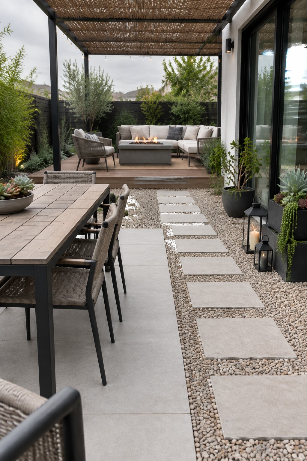 An outdoor patio showing a wooden dining table with woven chairs on a concrete section to the left and a gravel area with rectangular stepping stones leading toward a fire pit surrounded by sofas on the right.