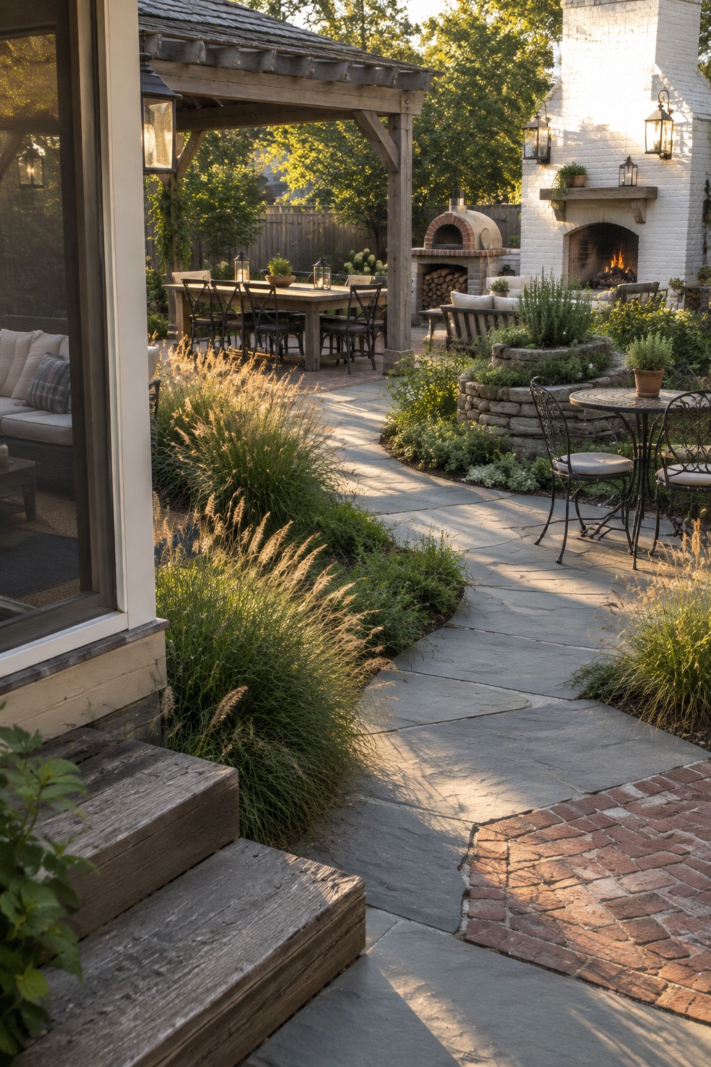 Cozy backyard patio with stone path, wooden pergola, dining set, and brick fireplace