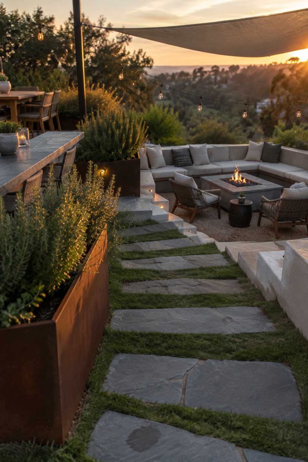 An outdoor patio with a curved stone pathway set in grass connecting a fire pit seating area with a sofa lounge and outdoor bar at sunset.