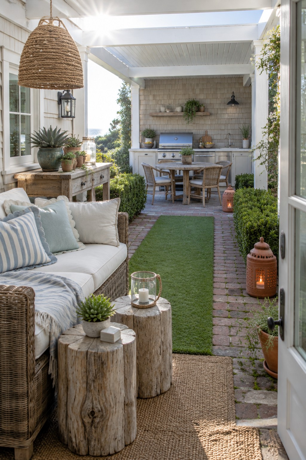 A covered patio with a brick walkway that has a long central strip of green turf, a wicker sofa with pillows on the left, and a wooden dining table near an outdoor kitchen at the far end.