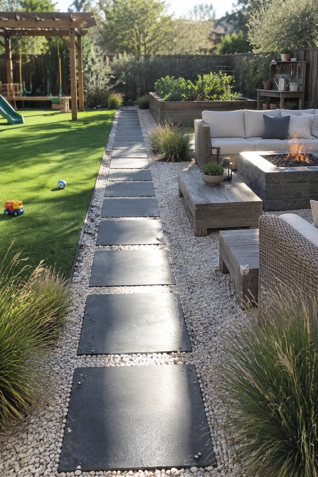 Rectangular stone path through backyard garden to patio with fire pit and seating