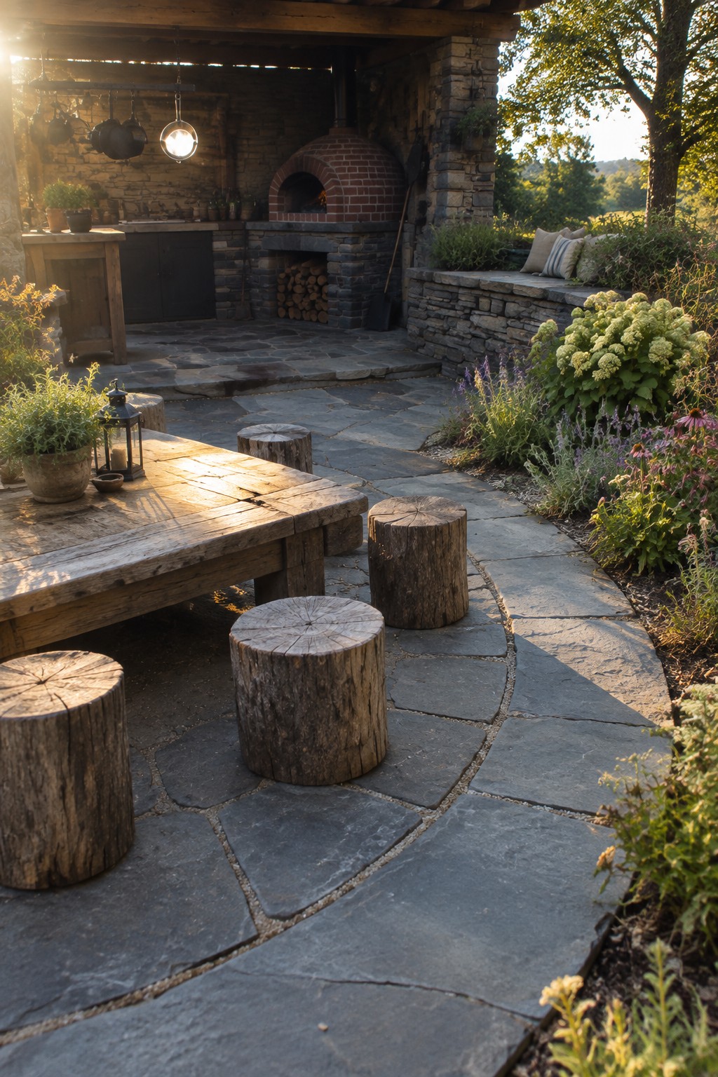 A rustic stone patio with a large wooden table surrounded by several tree stump stools, an outdoor brick oven built into a stone wall, and garden plantings along the edge.