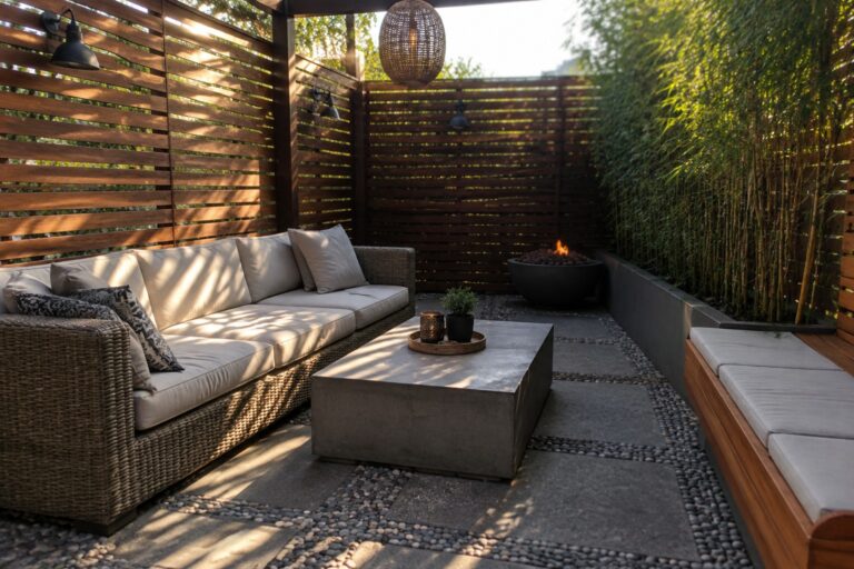 22 Private Patio Retreat Ideas Using Slatted Privacy Screens An outdoor patio enclosed by tall wooden slatted privacy screens, with a wicker sofa, concrete coffee table, fire pit, and pebble flooring.