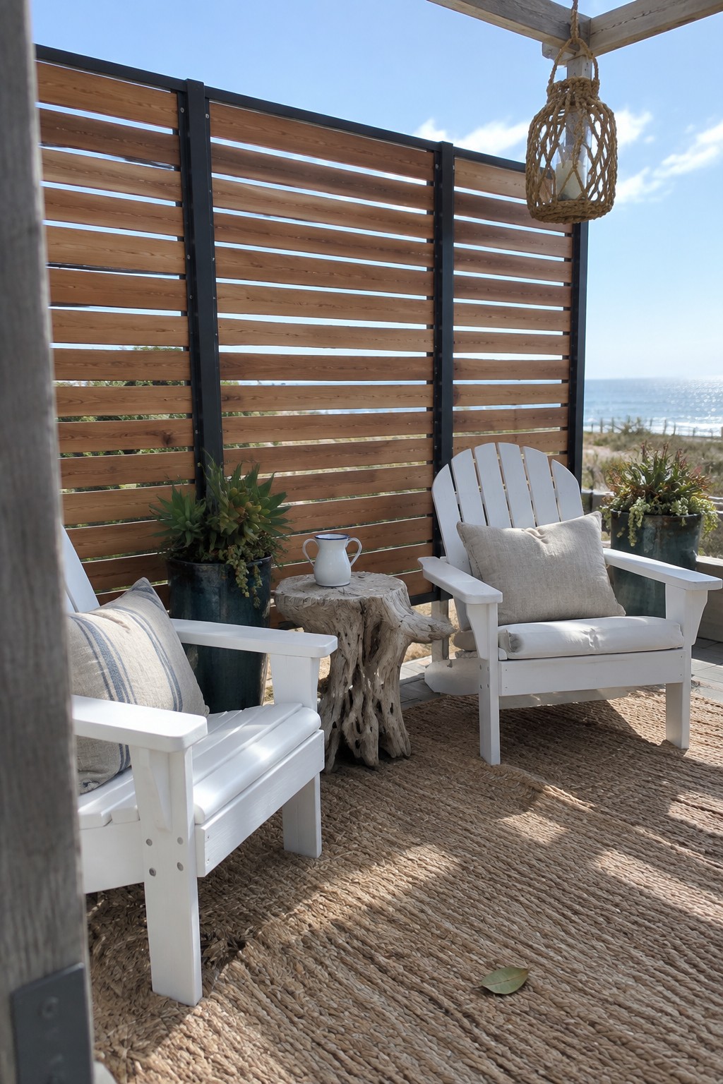 A patio seating area with two white wooden chairs on a woven rug, positioned in front of a horizontal wooden slat privacy screen with potted plants and an ocean view beyond.