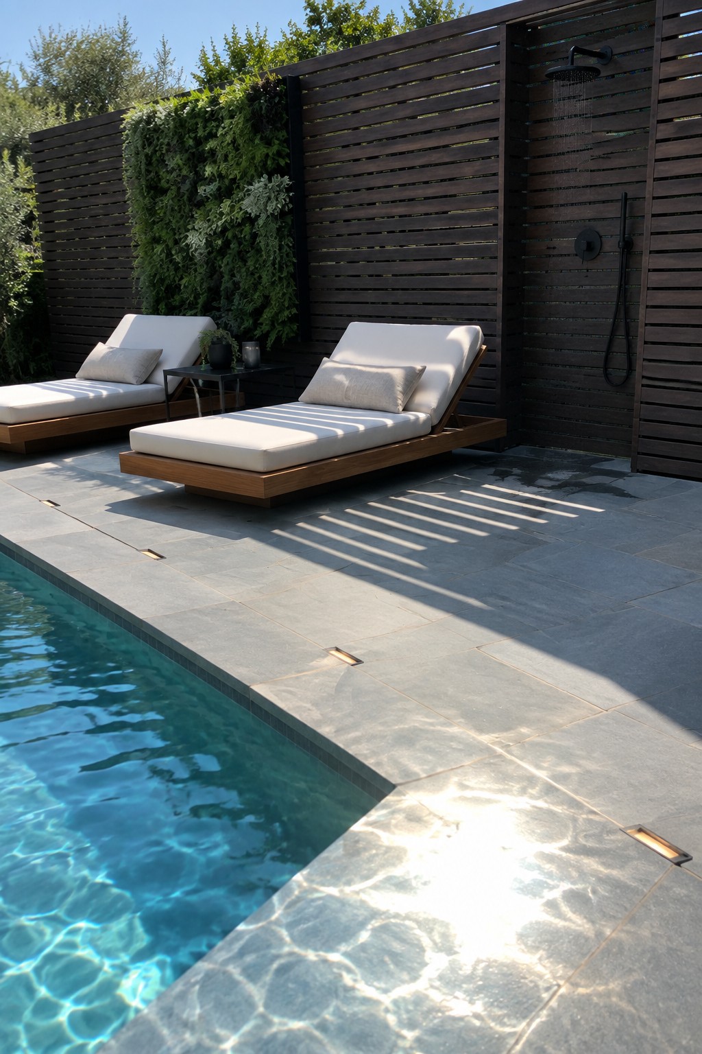 An outdoor pool patio with two white lounge chairs on a stone deck, dark wooden horizontal slat screens along the back, and a black outdoor shower on the right.