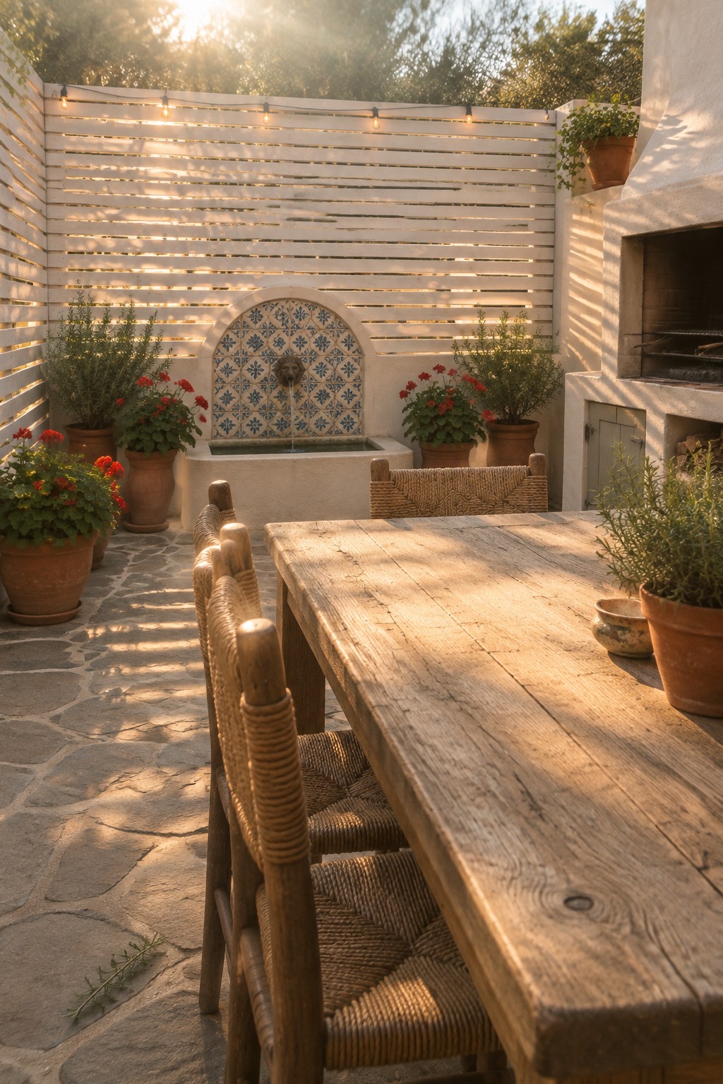 A stone patio with a wooden dining table and woven chairs facing a white horizontal slatted fence that holds a blue and white tiled fountain and several potted plants.