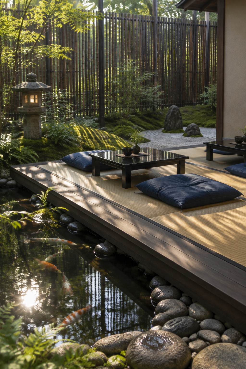 A wooden deck with blue cushions and a low table sits beside a koi pond, enclosed by a tall bamboo slat fence and moss garden.