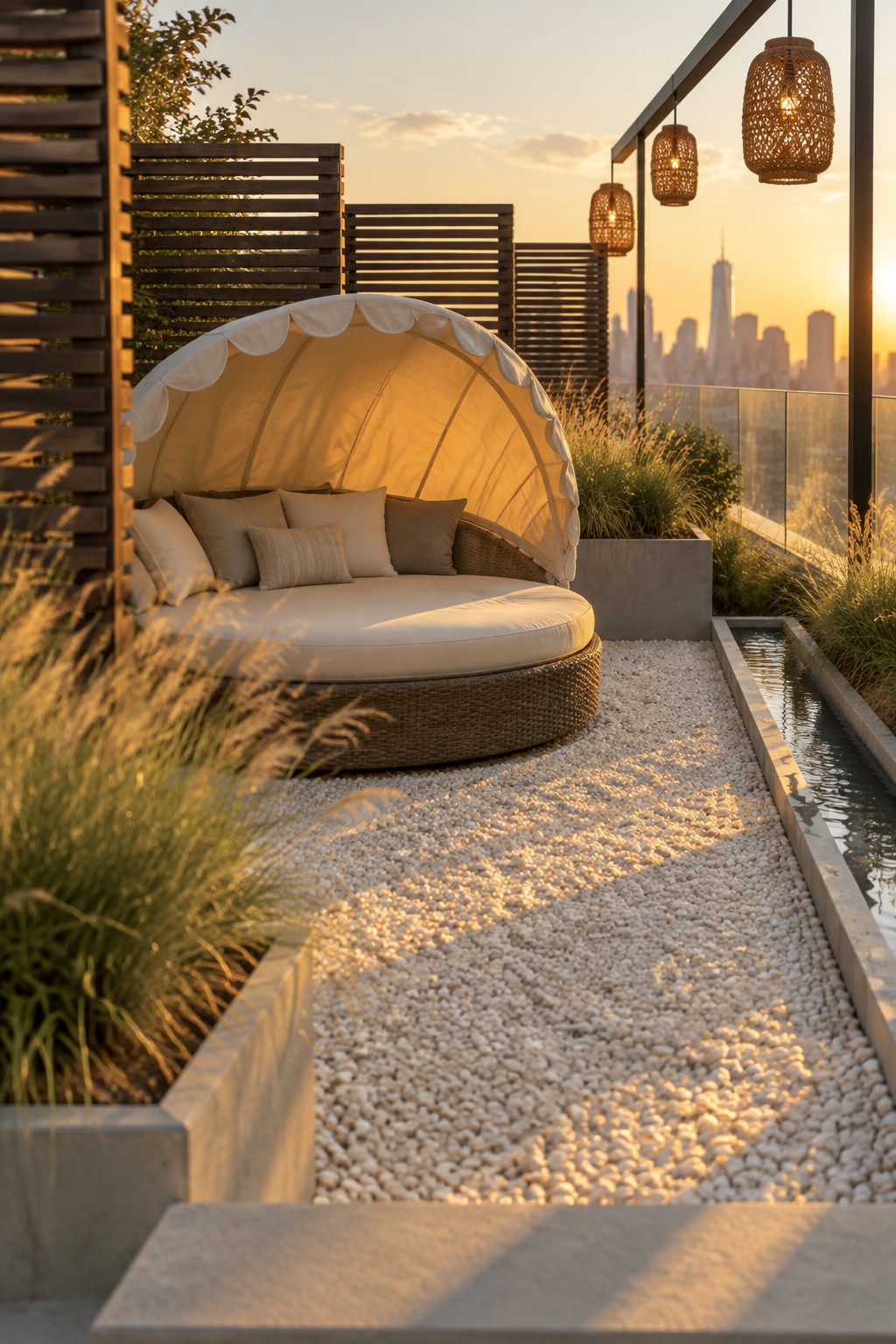 A round canopy daybed sits on white gravel beside horizontal wooden slatted screens, with a narrow water channel and city skyline visible at sunset.