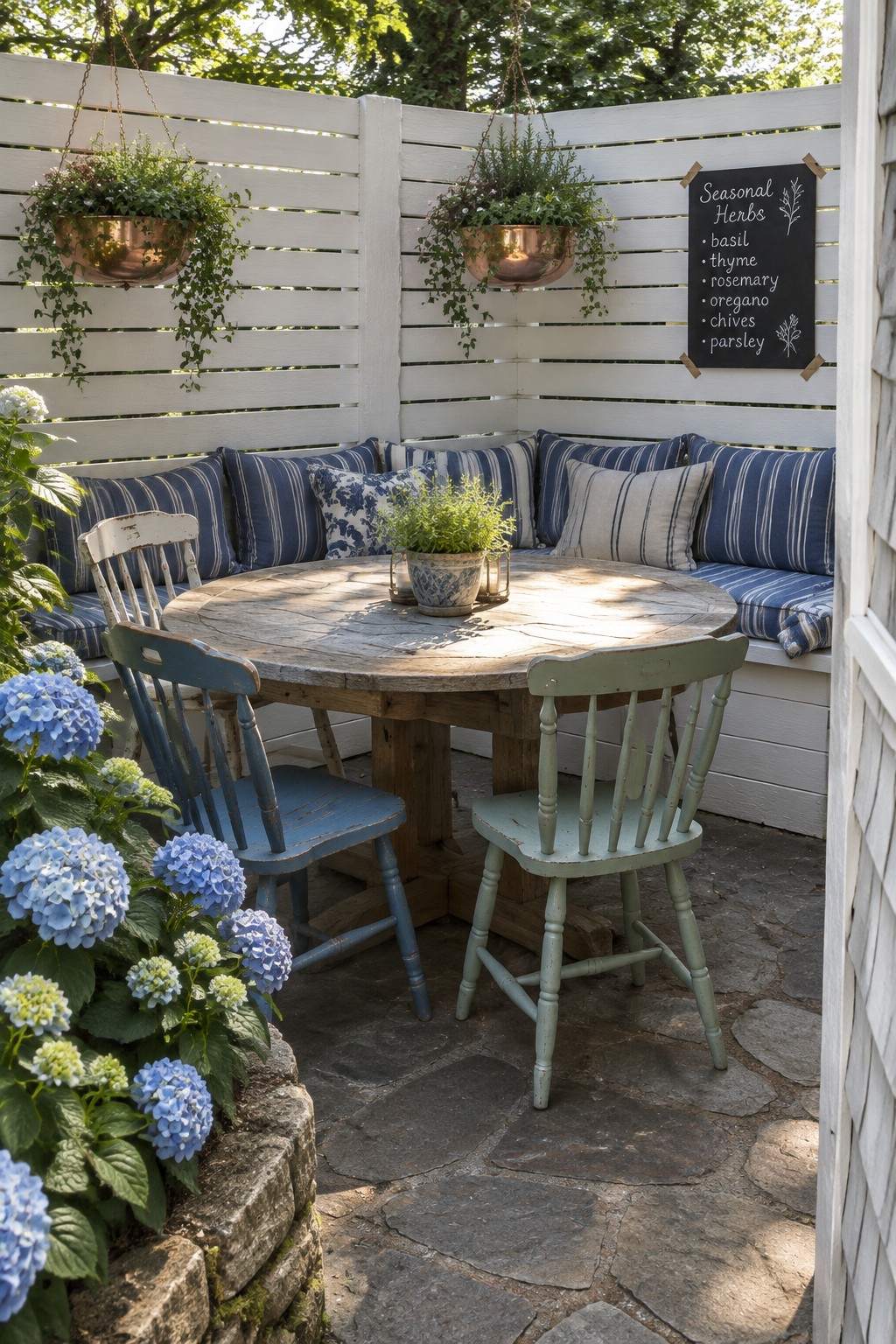 Rustic round table with blue and green chairs on stone patio amid blue hydrangeas and hanging planters