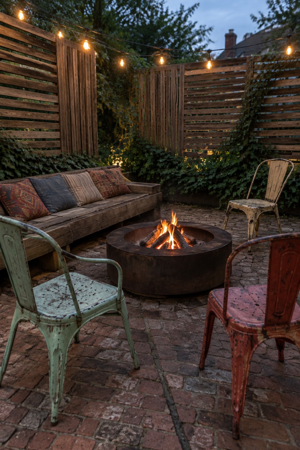 Brick patio with fire pit, wooden bench with pillows, vintage chairs, and string lights
