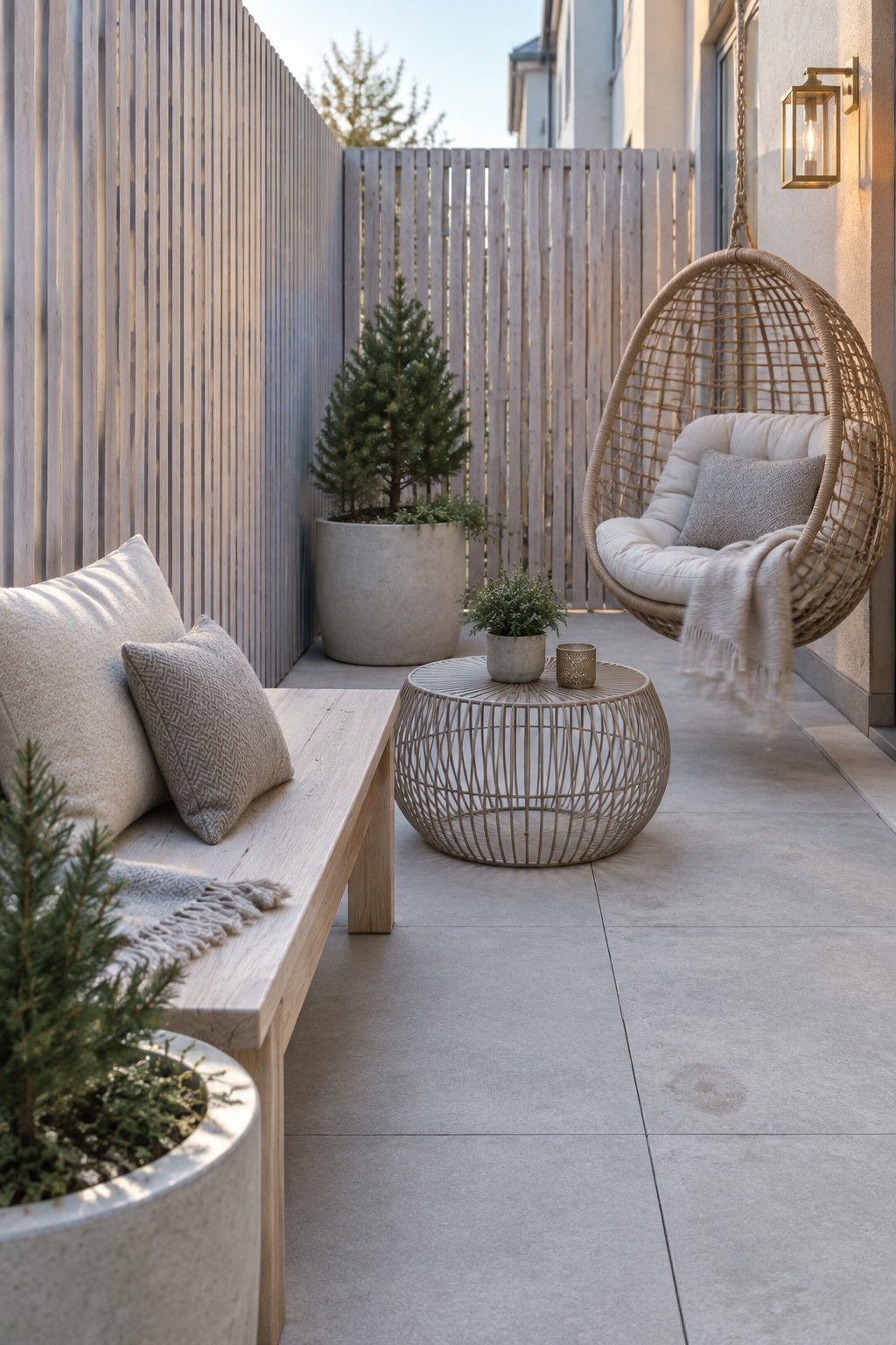 A patio enclosed by tall vertical wood slat screens, with a hanging wicker chair, wooden bench with cushions, round woven table, and potted plants on concrete.