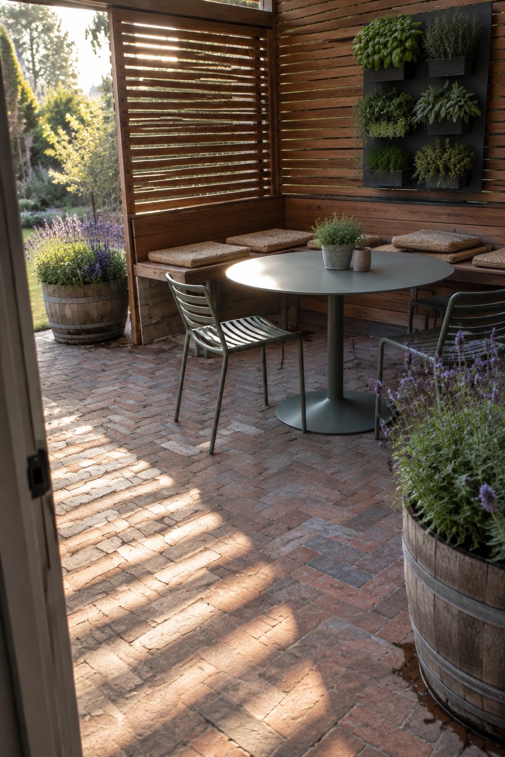 Outdoor patio with horizontal wooden slatted screens, built-in bench seating, round table, and potted plants on a brick floor.