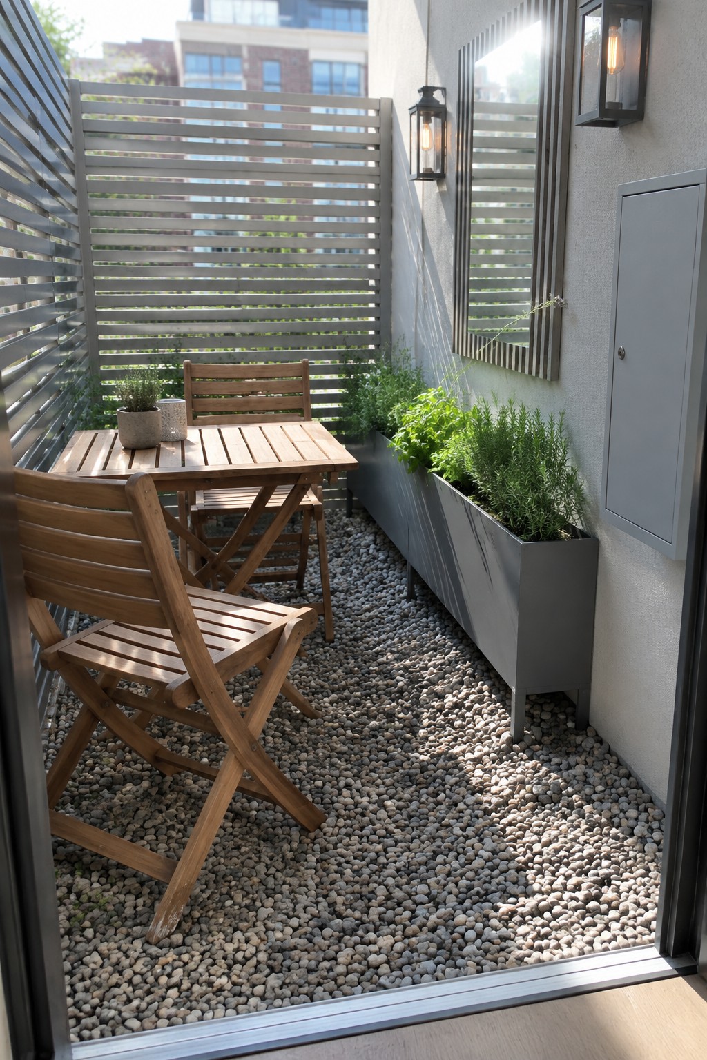 A narrow patio enclosed by gray horizontal and vertical slatted screens, featuring wooden folding chairs around a table on gravel with a long metal planter box.