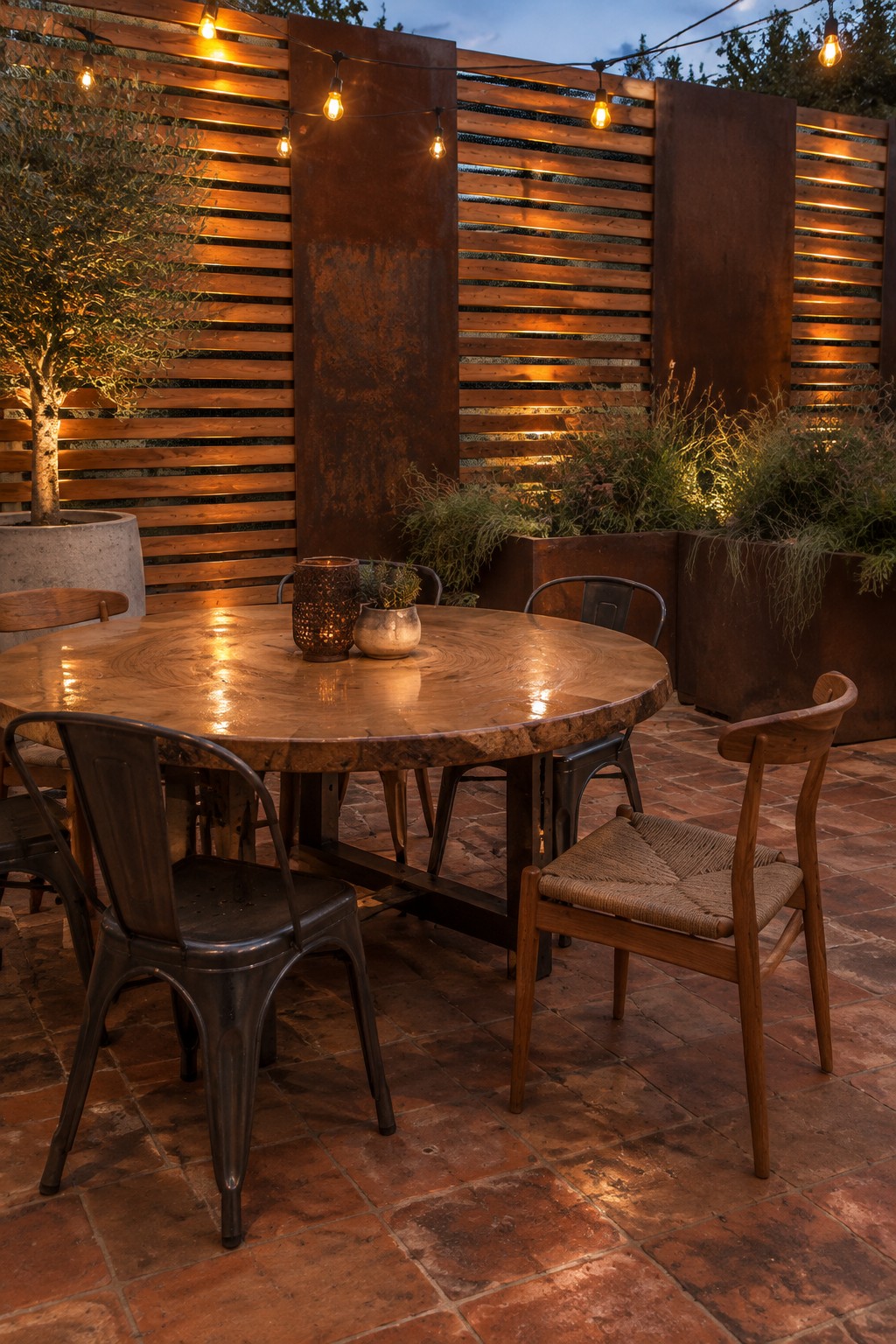 A round wooden dining table with mixed metal and wooden chairs sits on a brick patio, enclosed by tall horizontal wooden slatted screens and rusted metal panels, with string lights overhead and large planters nearby.