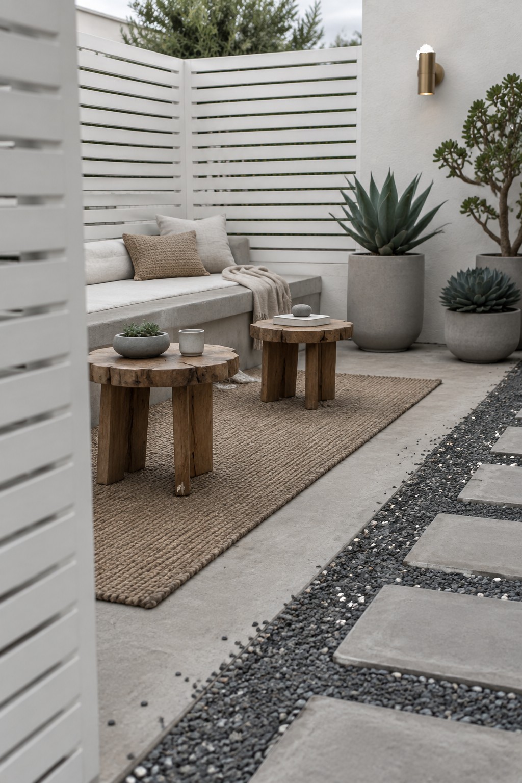 A modern outdoor patio with a white horizontal slatted privacy screen behind a built-in concrete bench with cushions, two round wooden side tables on a woven rug, gray potted plants, and a gravel path with concrete stepping stones.