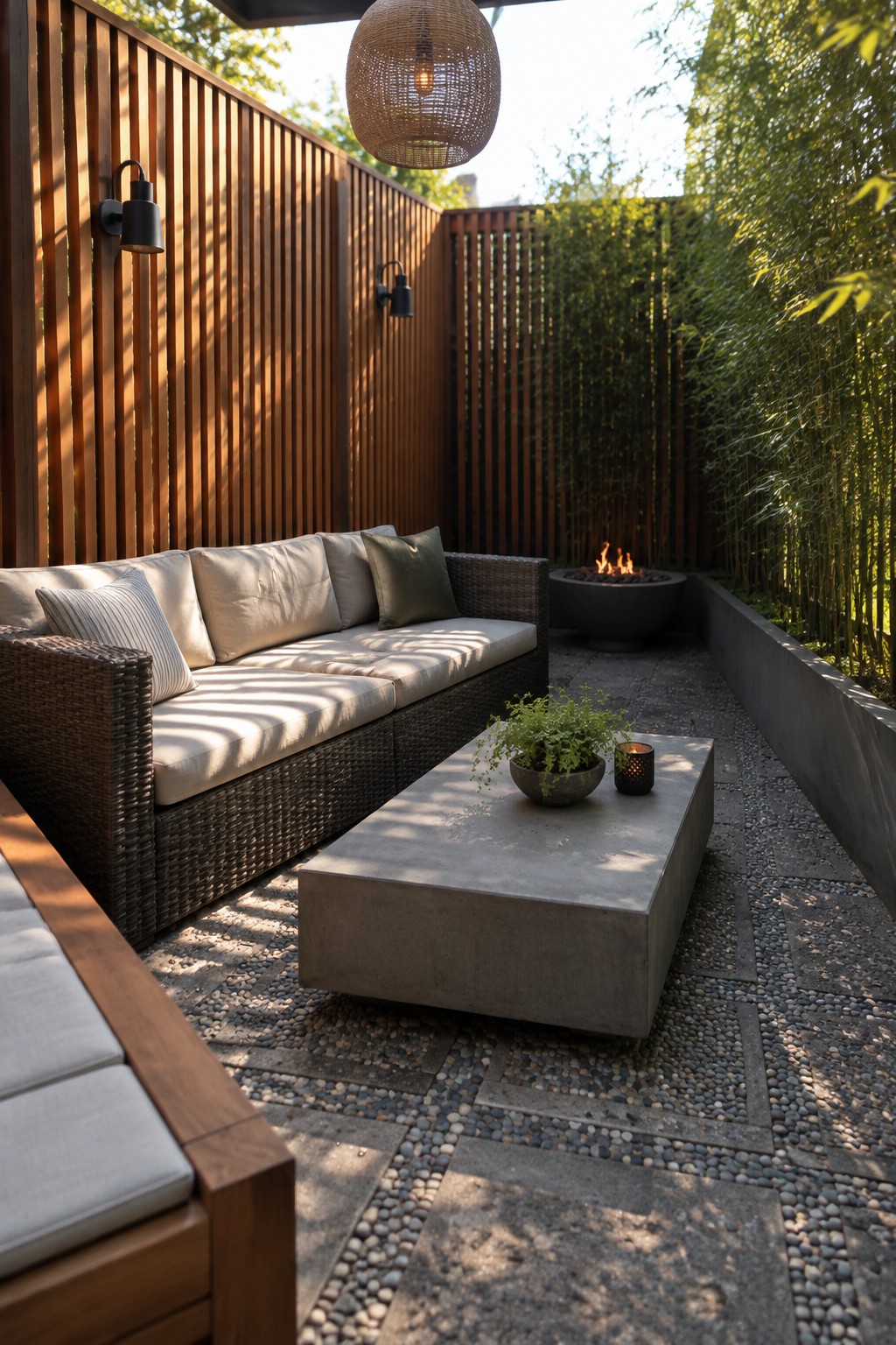 An outdoor patio enclosed by tall wooden slatted privacy screens, with a wicker sofa, concrete coffee table, fire pit, and pebble flooring.