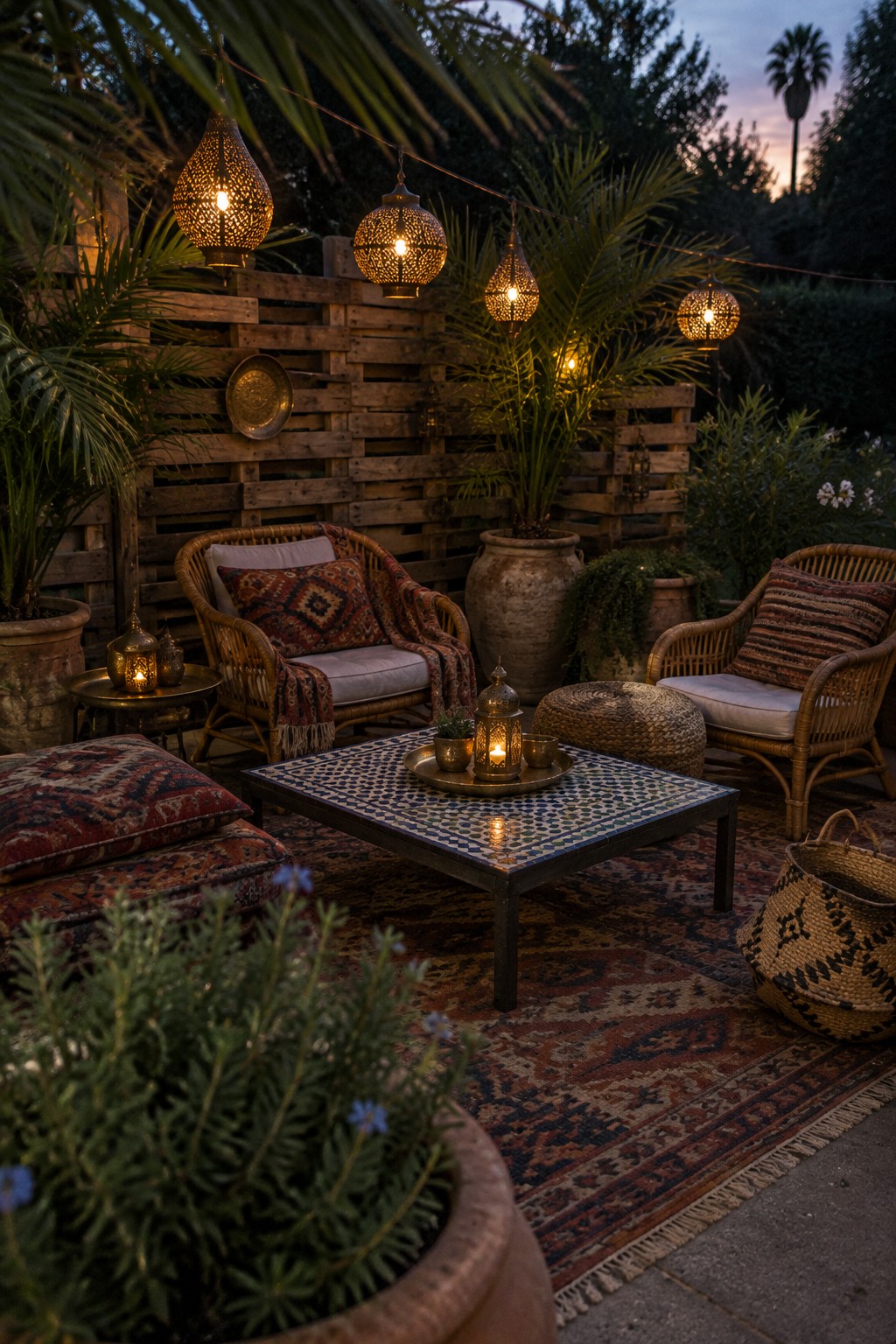 An outdoor patio at dusk with rattan chairs, a tiled coffee table, patterned rugs, hanging lanterns, and a background wall made of wooden slats.