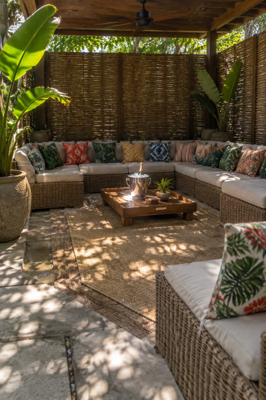 An outdoor patio enclosed by tall bamboo slatted screens, featuring a large L-shaped sectional sofa, wooden coffee table, and woven rug on a stone floor.