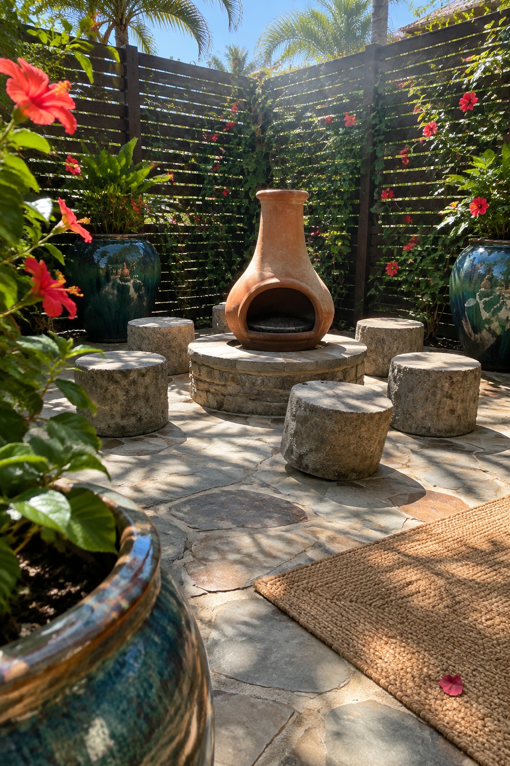 Stone patio with terracotta chiminea, stone stools, blue pots, and red hibiscus flowers