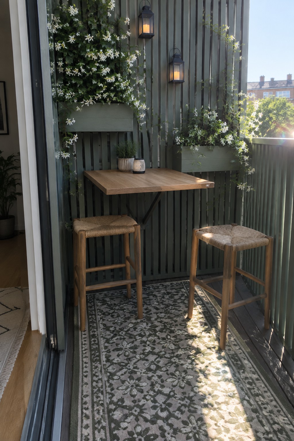 A small balcony enclosed by green slatted wood screens, with a wall-mounted wooden table, two woven stools on a patterned rug, and hanging plants in built-in planters.