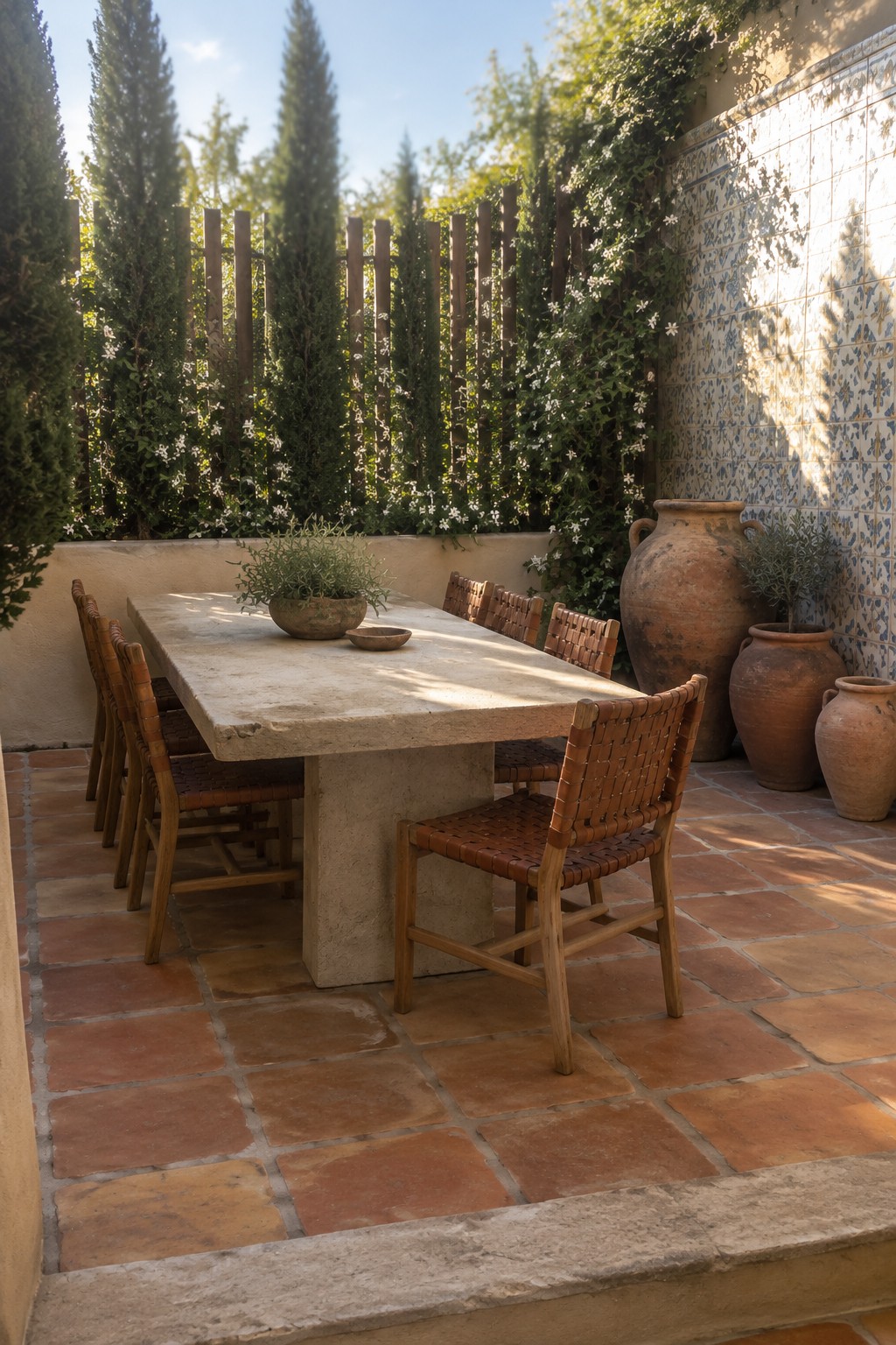 An outdoor patio with a stone dining table, woven wooden chairs, terracotta tile floor, and a wooden slatted fence covered in white flowering vines beside large clay pots.