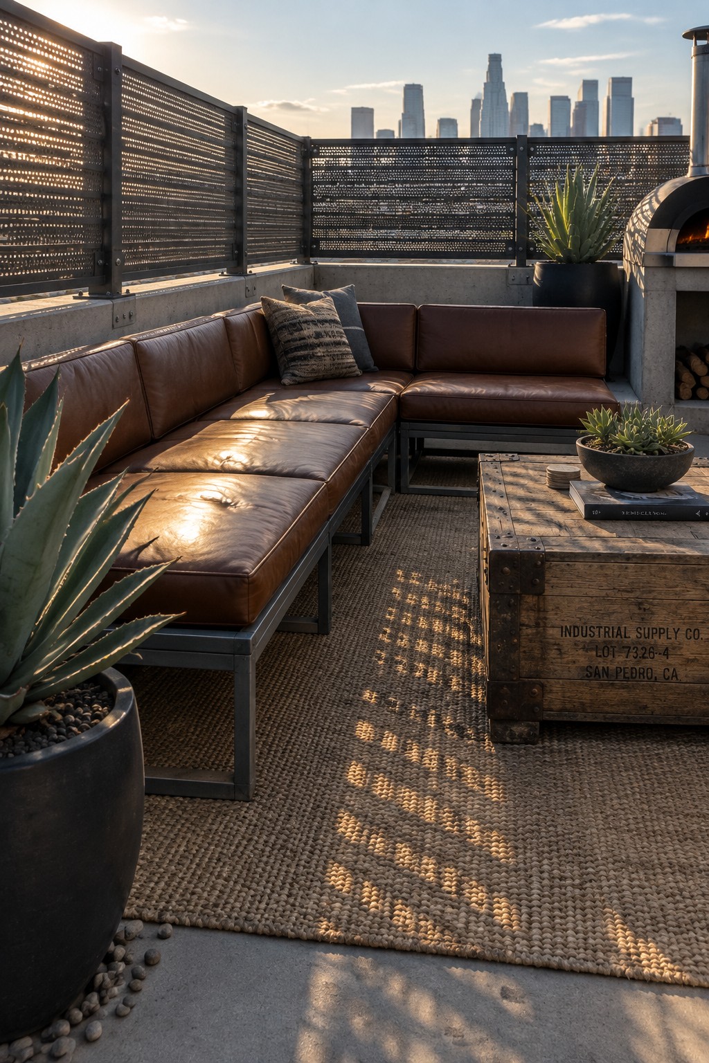 A rooftop patio with a brown leather sectional, woven rug, potted plants, and wooden coffee table, enclosed by dark horizontal slatted metal screens with a city skyline beyond.